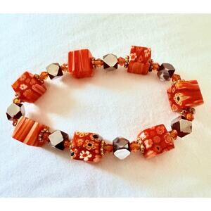 Millefiori Bracelet Square Orange Art Glass Beaded Handmade 7” FREE SHIPPING!